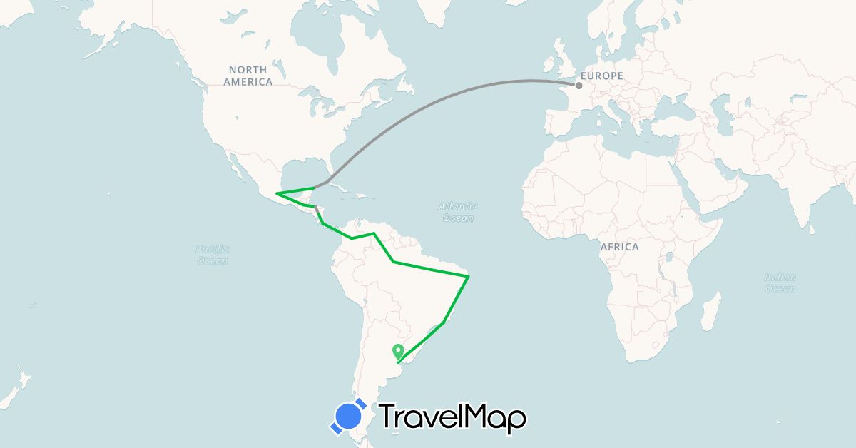 TravelMap itinerary: bus, plane in Argentina, Brazil, Colombia, France, Uruguay, Venezuela (Europe, South America)